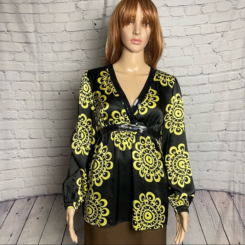 INC Black Yellow V-Neck Silk Sequin Blouse with Tie Size 10